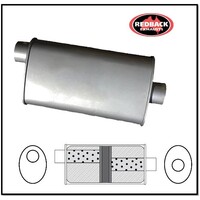 8" X 4" OVAL 16" LONG 2 1/2" O/C GLASS PACKED CHAMBERED REDBACK UNIVERSAL MUFFLER