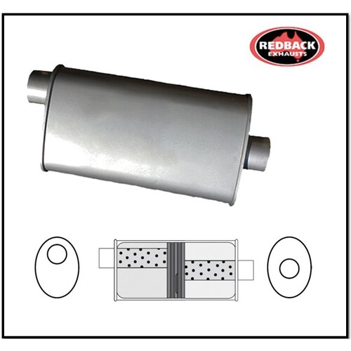 8" X 4" OVAL 14" LONG 2 1/4" O/C BAFFLED REDBACK UNIVERSAL MUFFLER