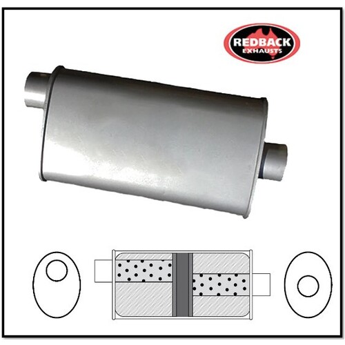 8" X 4" OVAL 16" LONG 2 1/2" O/C GLASS PACKED CHAMBERED REDBACK UNIVERSAL MUFFLER